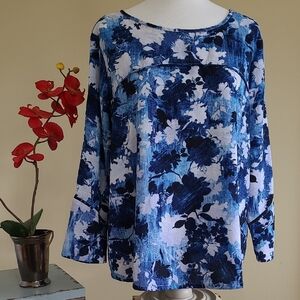 Milano Pullover Blouse Top Stretch 3/4 Sleeve Floral Blue White Denim Look Large